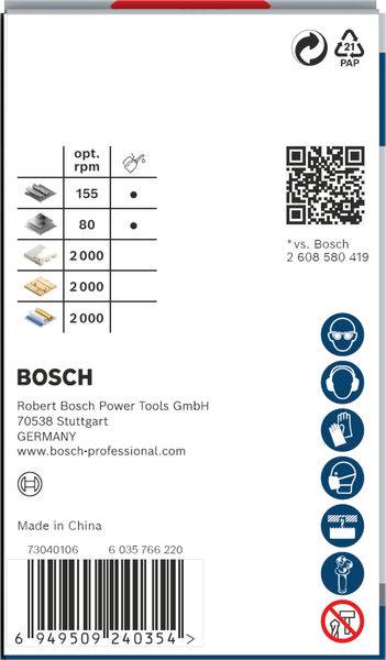 Rückseite einer Verpackung von Bosch Bohrern. Zeigt empfohlene Drehzahlen für verschiedene Materialien. Enthält QR-Code und Herstellerinformationen.