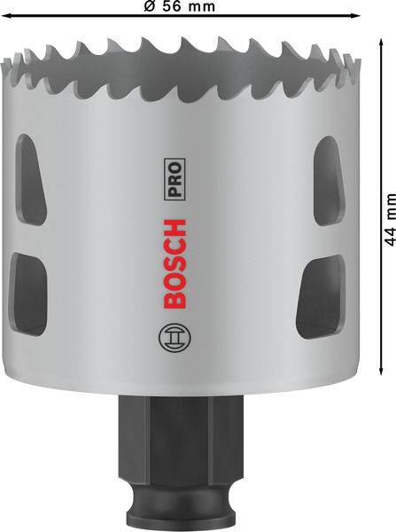 Bohrkrone von Bosch mit einem Durchmesser von 56 mm und einer Höhe von 44 mm. Sichtbar ist die Aufschrift 'Bosch Pro'.