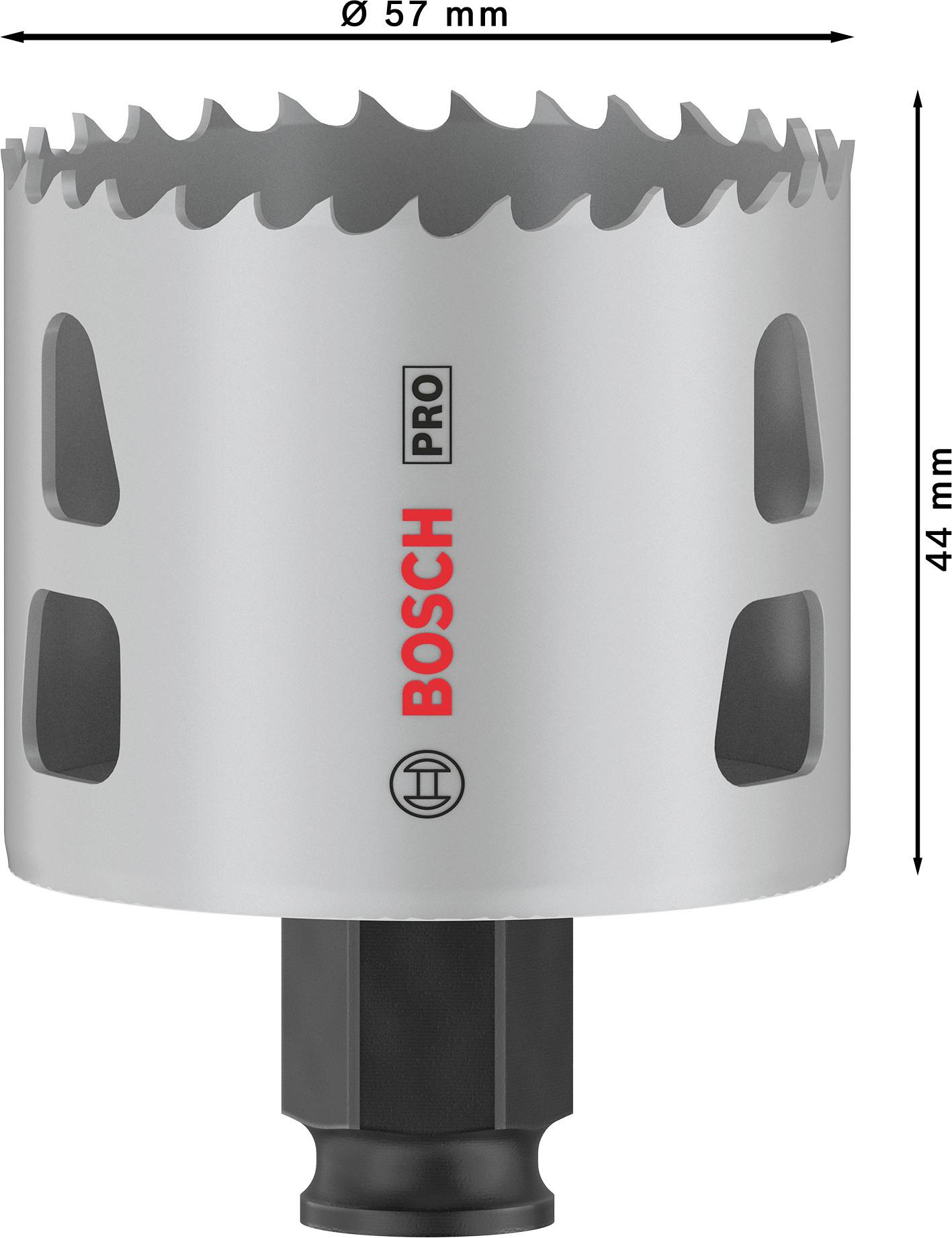 Lochsäge von BOSCH Pro, Durchmesser 57 mm, Höhe 44 mm, geeignet für Präzisionsbohrungen in verschiedenen Materialien.