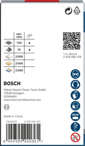 Rückseite einer Bosch-Verpackung mit Tabellenangaben zu Umdrehungen, QR-Code, Symbolen für Schutzmaßnahmen und Kontaktinformationen.