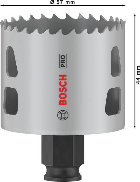 Bohrkrone von Bosch mit einem Durchmesser von 57 mm und einer Höhe von 44 mm, geeignet für professionelle Anwendungen.
