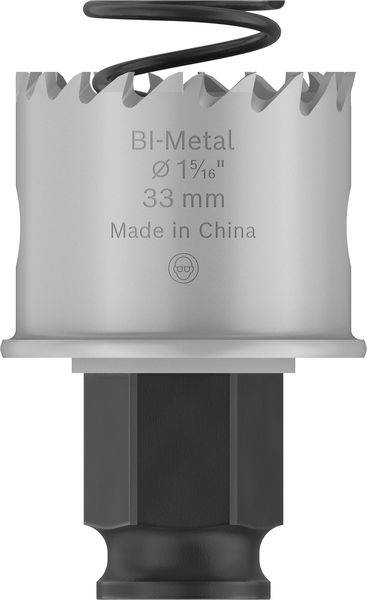 Mehrloch-Bimetall-Lochsäge mit 33 mm Durchmesser, spiralförmige Spitze. Text: 'BI-Metal Ø 1 5/16