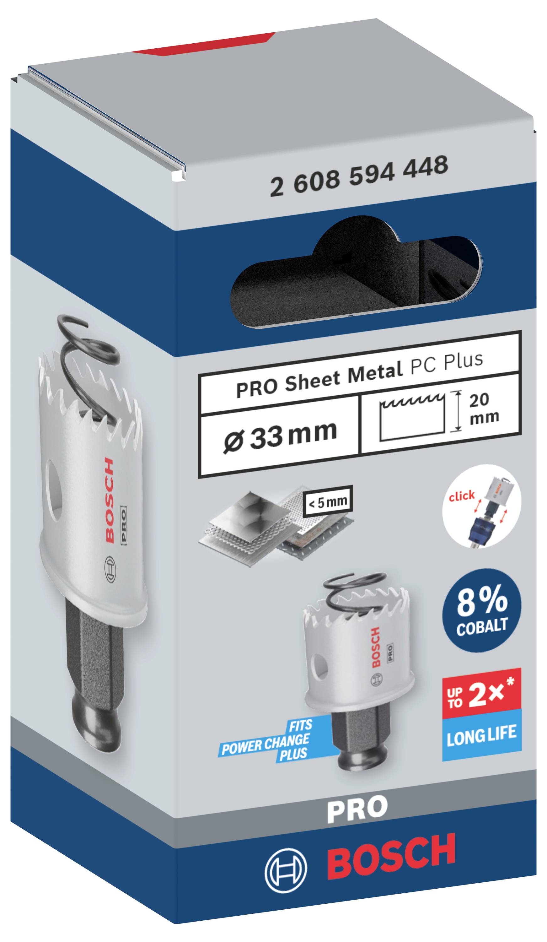 Verpackung einer Bosch Pro Lochsäge für Blech, Durchmesser 33 mm, mit Power-Change Plus-Adapter. Betonung auf Langlebigkeit und 8 % Kobaltanteil.