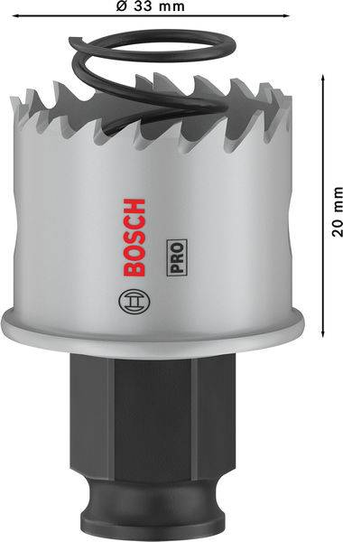Bohrkrone aus Metall mit scharfen Zähnen und Federspirale, 33 mm Durchmesser, 20 mm Länge, mit 'BOSCH PRO'-Logo.