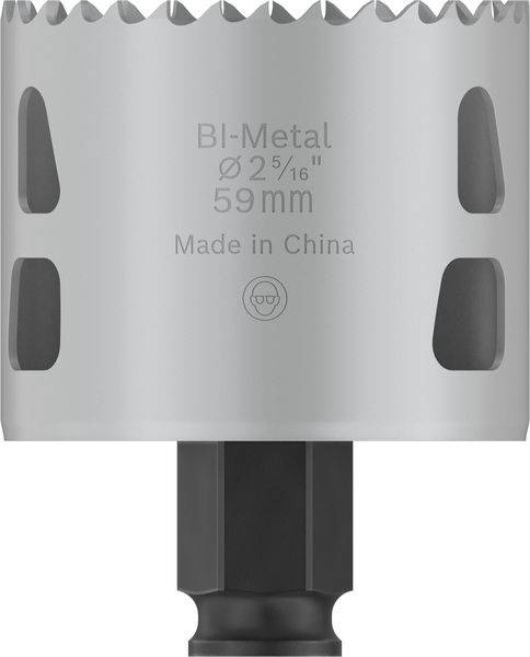 Metall-Lochsäge mit 'BI-Metal', Durchmesser '59mm'. Produkt aus China, silbernes Design, gezackte Schneide.