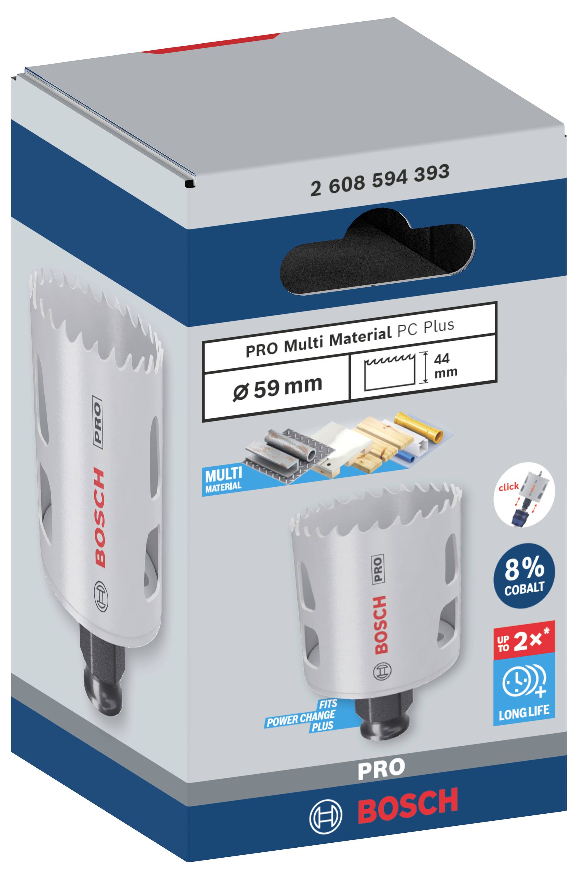 Verpackung einer Lochsäge von Bosch, PRO Multi Material PC Plus, Durchmesser 59 mm, Materialabbildungen, 8 % Kobalt, langlebig.