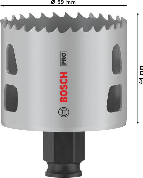 Metall-Lochsäge von Bosch Pro, Durchmesser 59 mm, Höhe 44 mm, silber mit gezackten Schneidezähnen und seitlichen Belüftungslöchern.