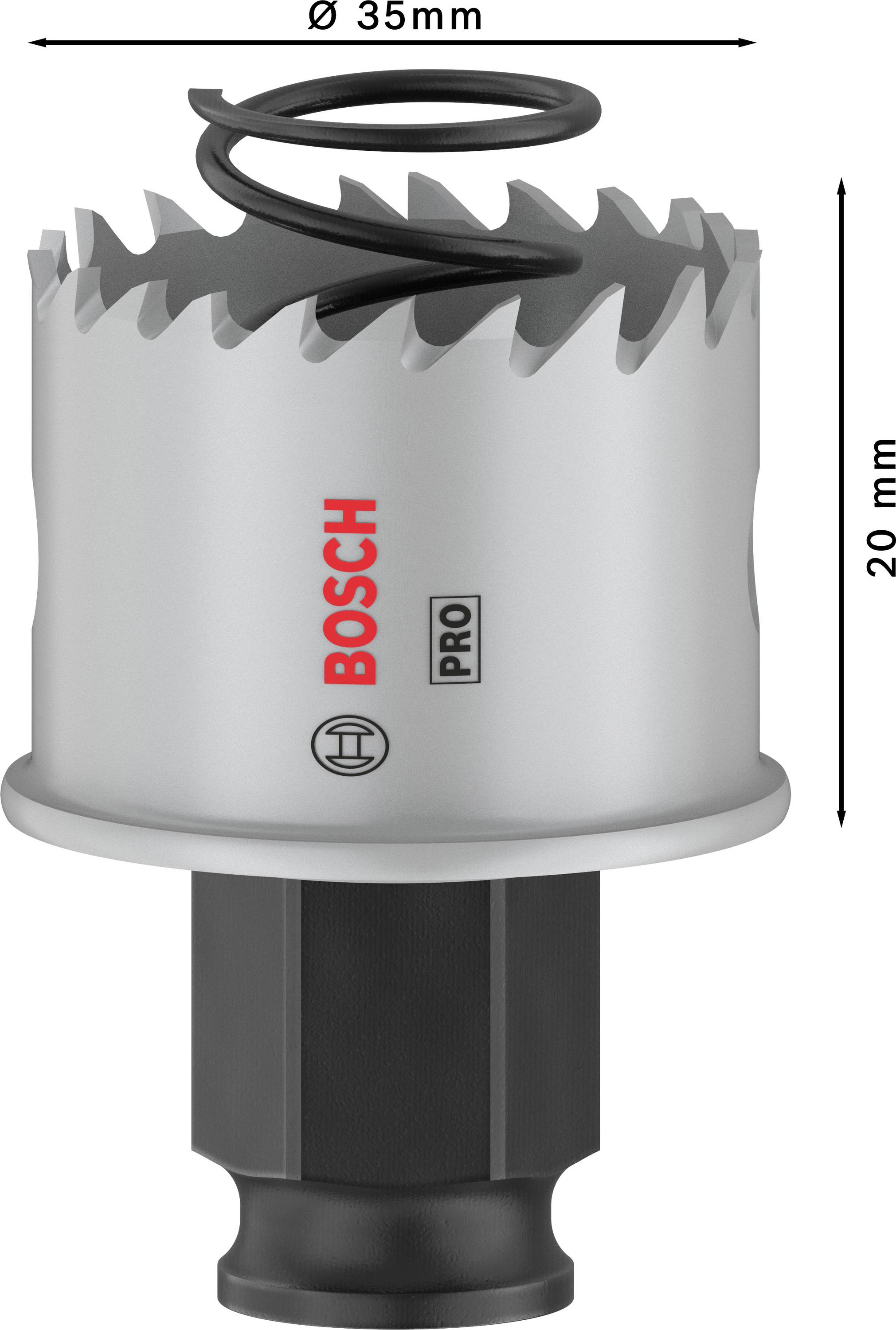 Lochsäge mit 35 mm Durchmesser und 20 mm Tiefe. Silbernes Metall mit schwarzen Details. 'Bosch Pro' Markenlogo sichtbar.