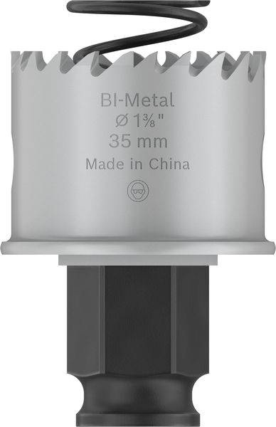 Lochsäge aus Bi-Metall, 35 mm Durchmesser, 1 3/8 Zoll, mit Aufschrift 'Made in China'; zylindrische Form mit gezacktem Rand.