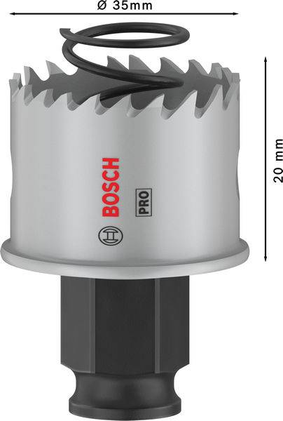 Metall-Lochsäge 'Bosch' mit Ø 35 mm, geeignet für Stahl, Aluminium und Holz, 20 mm Schnitttiefe, mit Zahnkranz und Spiralfeder.