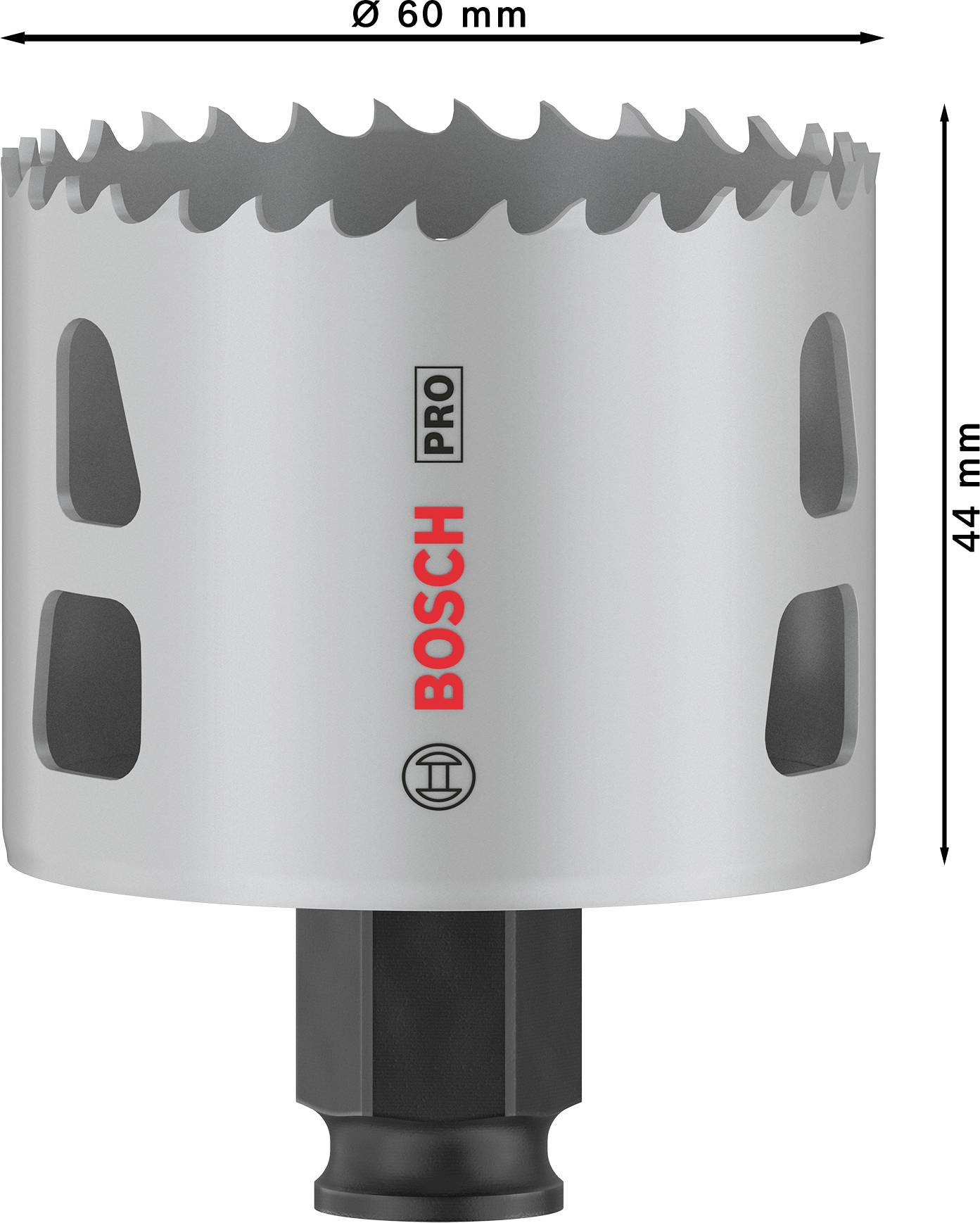 'Bosch Pro Lochsäge', Durchmesser 60 mm, Höhe 44 mm, für präzises Bohren in Metall. Bohrkrone mit Zähnen und Belüftungsöffnungen.