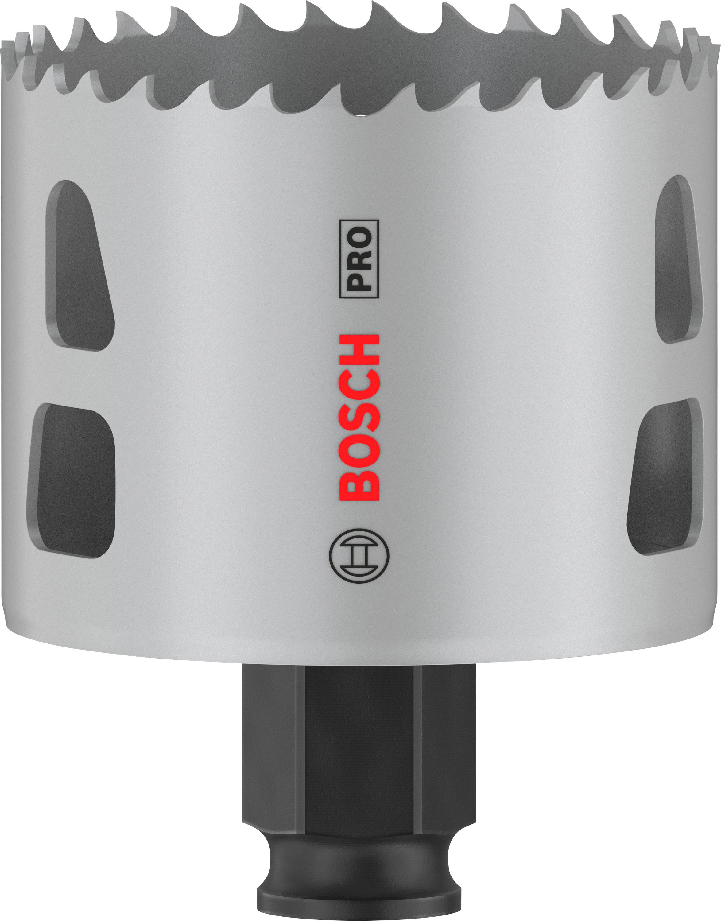 Bohrkrone von Bosch Professional mit gezacktem Rand und sechseckiger Aufnahme, geeignet für präzises Bohren in Beton- und Metalloberflächen.