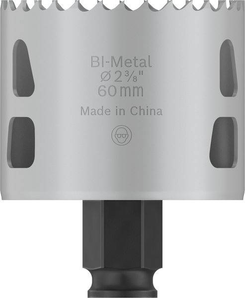 Metall-Lochsäge mit der Aufschrift 'BI-Metal, Ø 60 mm, Made in China', geeignet für präzises Schneiden in Metalloberflächen.