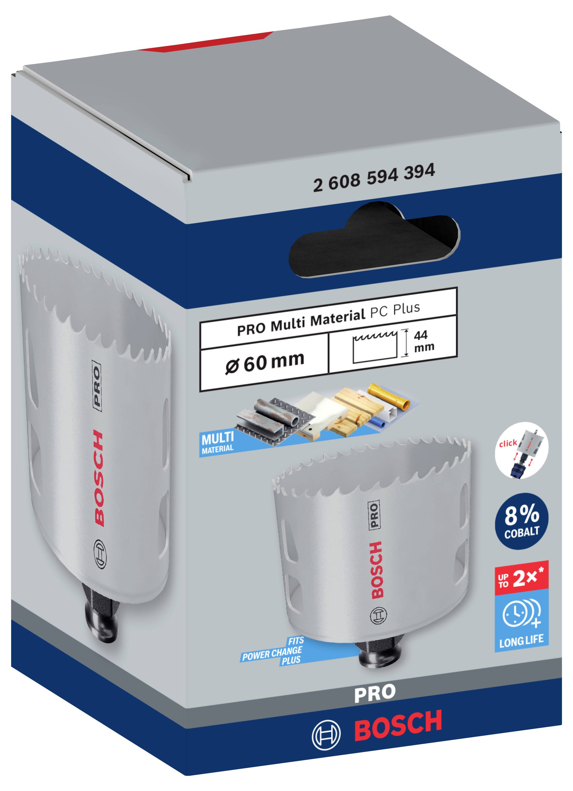Ein grauer Bosch Lochsägeaufsatz 'PRO Multi Material PC Plus', Durchmesser 60 mm, für vielfältige Materialien geeignet.