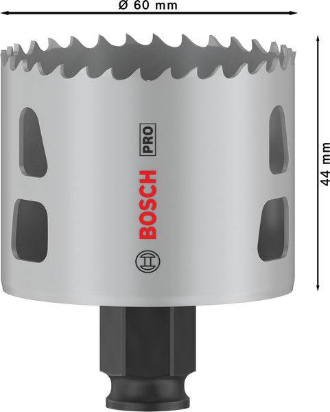 Sägekrone mit Durchmesser 60 mm und Höhe 44 mm. Silbernes Design mit Bosch-Logo und PRO-Markierung in Rot.