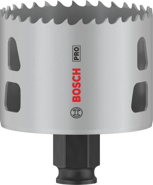 Eine graue Lochsäge von Bosch mit roten Logo, geeignet für Holz- und Metallbohrungen.