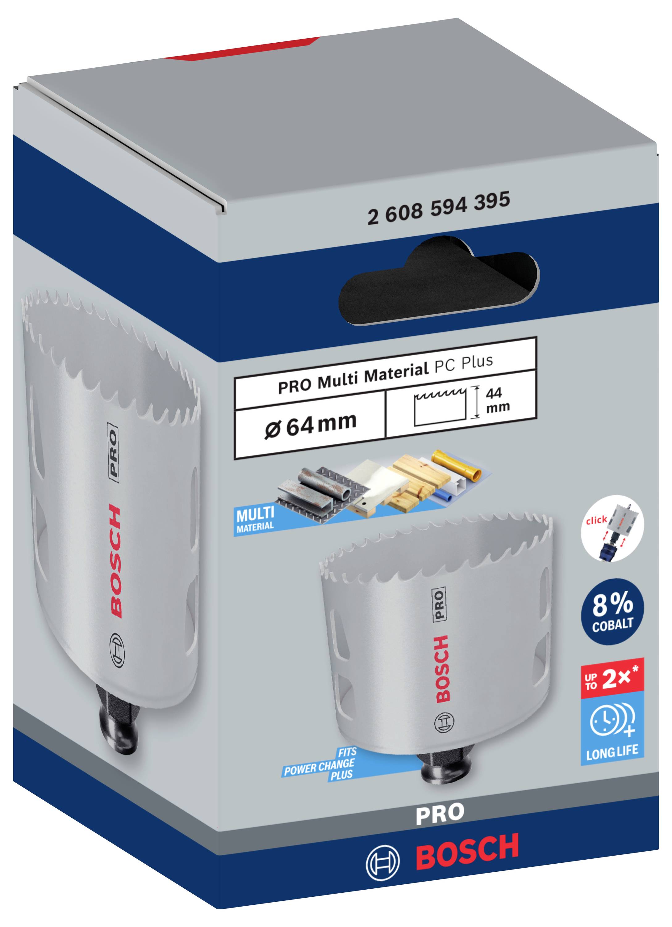 Bohrkrone von Bosch für Multi-Materialien, Durchmesser 64 mm, 8 % Kobalt, für schnelle Schnitte mit langer Lebensdauer.