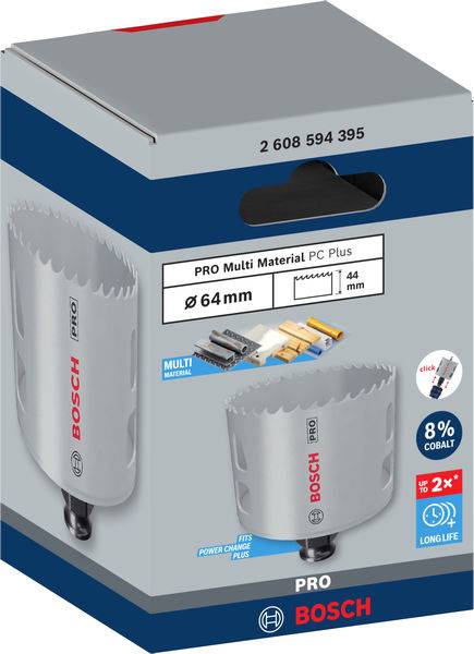 Verpackung einer Bosch Pro Lochsäge. Text: 'PRO Multi Material PC Plus, Ø 64 mm, 8% Cobalt, LONGLIFE'. Bild der Säge und Materialanwendungen.