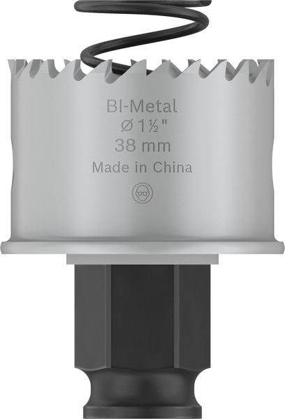 'Bi-Metal' Lochsäge mit 38 mm Durchmesser, hergestellt in China. Sichtbare Metallzähne und Feder oben.
