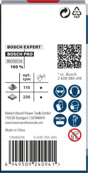 Verpackung eines Bosch Pro Produkts mit technischen Daten: Drehzahl 115-230, 'Made in China', QR-Code, Recyclinghinweis.
