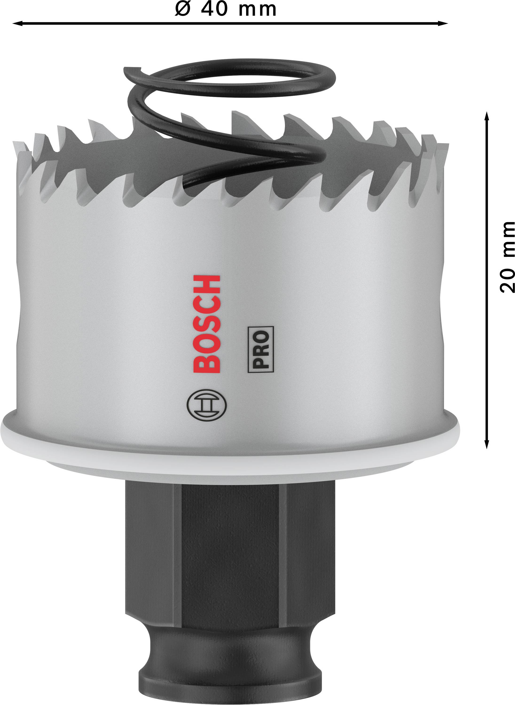 Bohrkrone von Bosch, Durchmesser 40 mm, Höhe 20 mm, graue Farbe mit schwarzem Schaft und rotem Bosch-Logo.