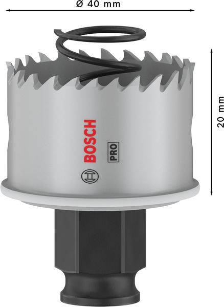 Bohrkrone von Bosch, 'Ø 40 mm', '20 mm', graue Metallzähne, schwarze Halterung, Markenlogo aufgedruckt, geeignet für professionellen Einsatz.