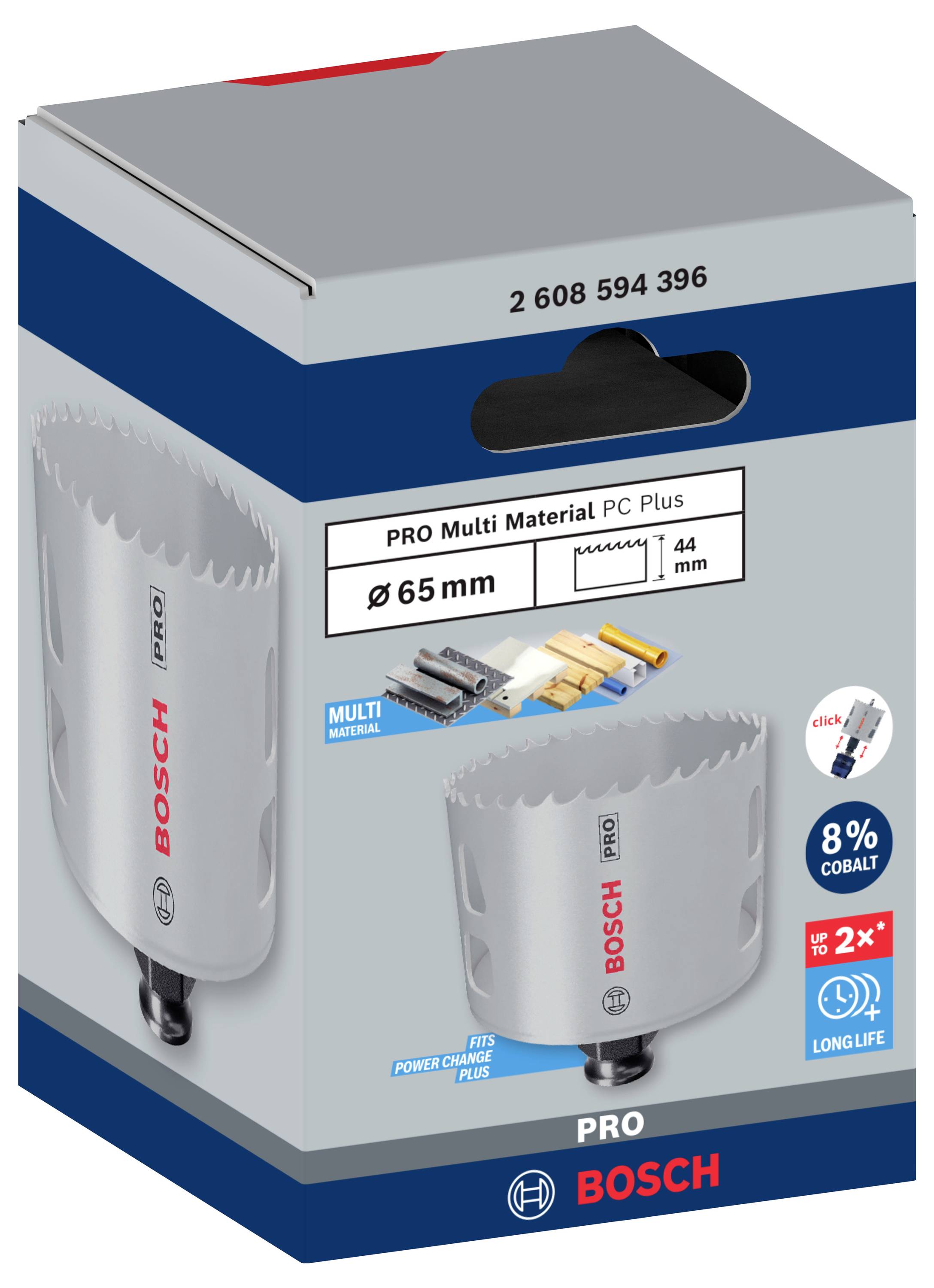 'Bosch PRO Multi Material' Lochsäge, Durchmesser 65 mm, für verschiedene Materialien. Verpackung zeigt Sägekopf mit Beschriftung.