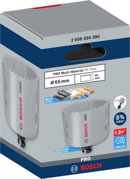 Verpackung einer Bosch Lochsäge. Text: 'Pro Multi Material PC Plus', Durchmesser 'Ø 65 mm', für verschiedene Materialien.