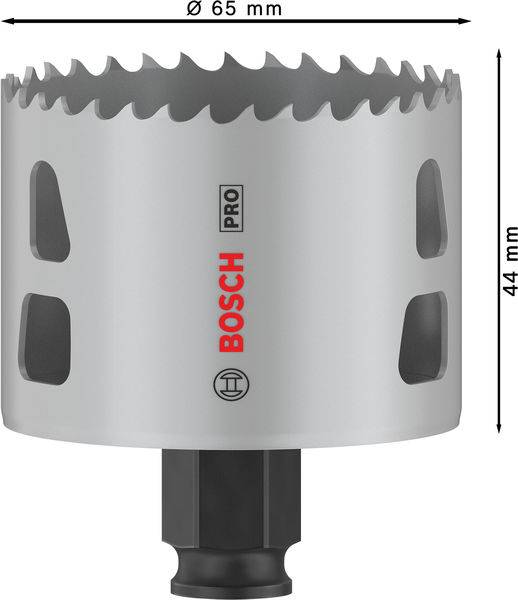 Sägekrone von Bosch Pro, weiß mit roten und schwarzen Markierungen. Durchmesser 65 mm, Höhe 44 mm, mit sechseckiger Aufnahme.