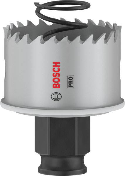 Metall-Lochsäge von Bosch mit scharfen Zähnen und spiralförmiger Entfernungshilfe, geeignet für präzise Bohrungen in Metalloberflächen.