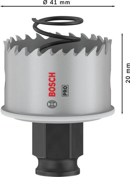 Eine Bosch Lochsäge mit einem Durchmesser von 41 mm und einer Höhe von 20 mm, mit Federspirale oben angebracht.