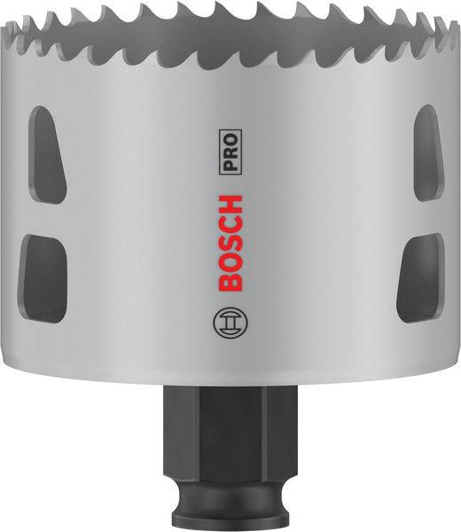 'Bosch Pro Lochsäge' aus Metall mit grauem Körper und gezackten Schneidkanten, geeignet für präzise Bohrarbeiten in verschiedenen Materialien.