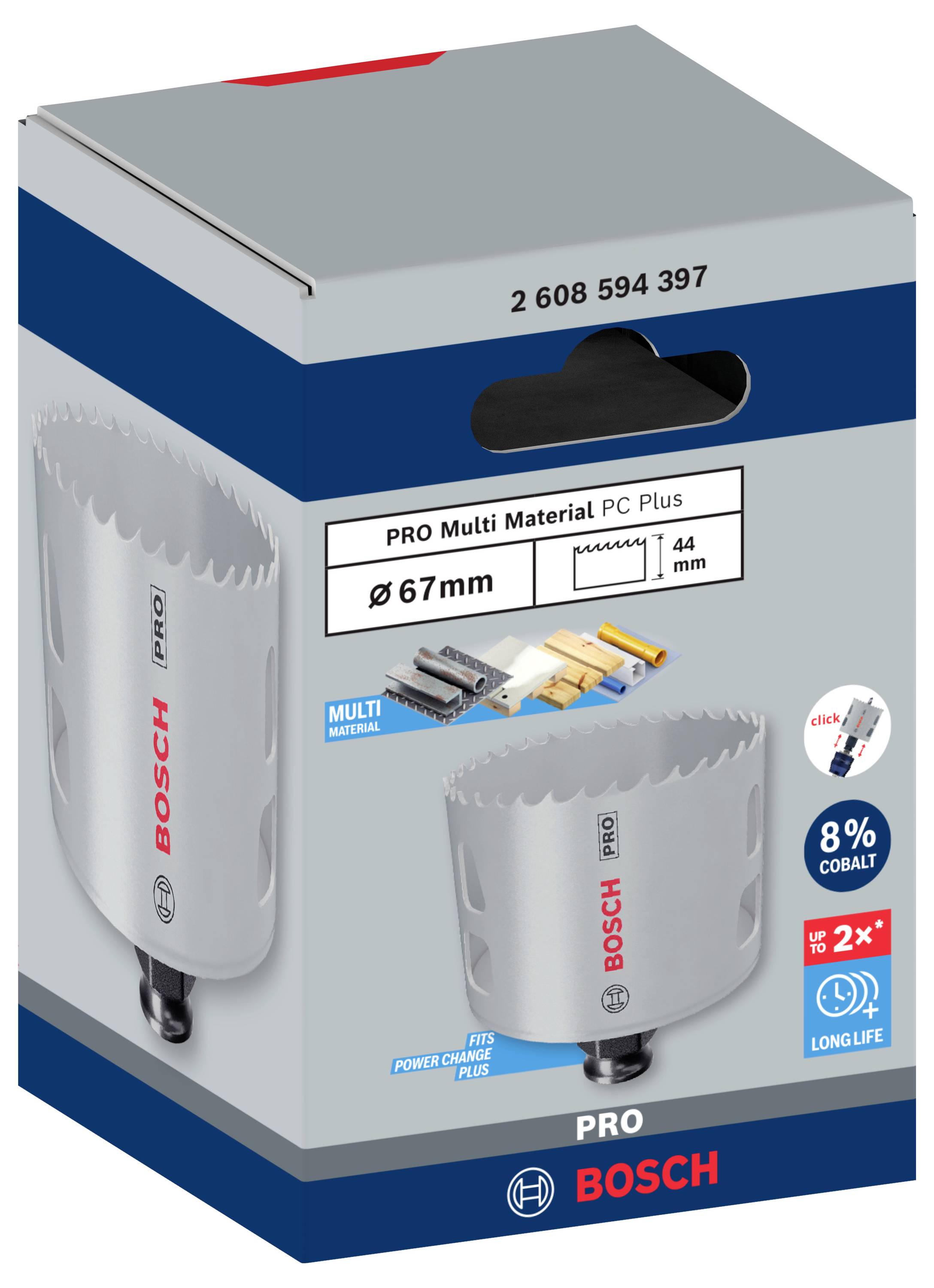 Verpackung einer Lochsäge von Bosch, Modell 'PRO Multi Material', Durchmesser 67 mm. Geeignet für verschiedene Materialien.