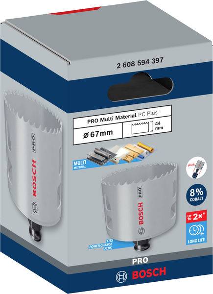 Verpackung einer Bosch Lochsäge 'PRO Multi Material' mit 67 mm Durchmesser, geeignet für verschiedene Materialien, 8 % Kobalt-Anteil.