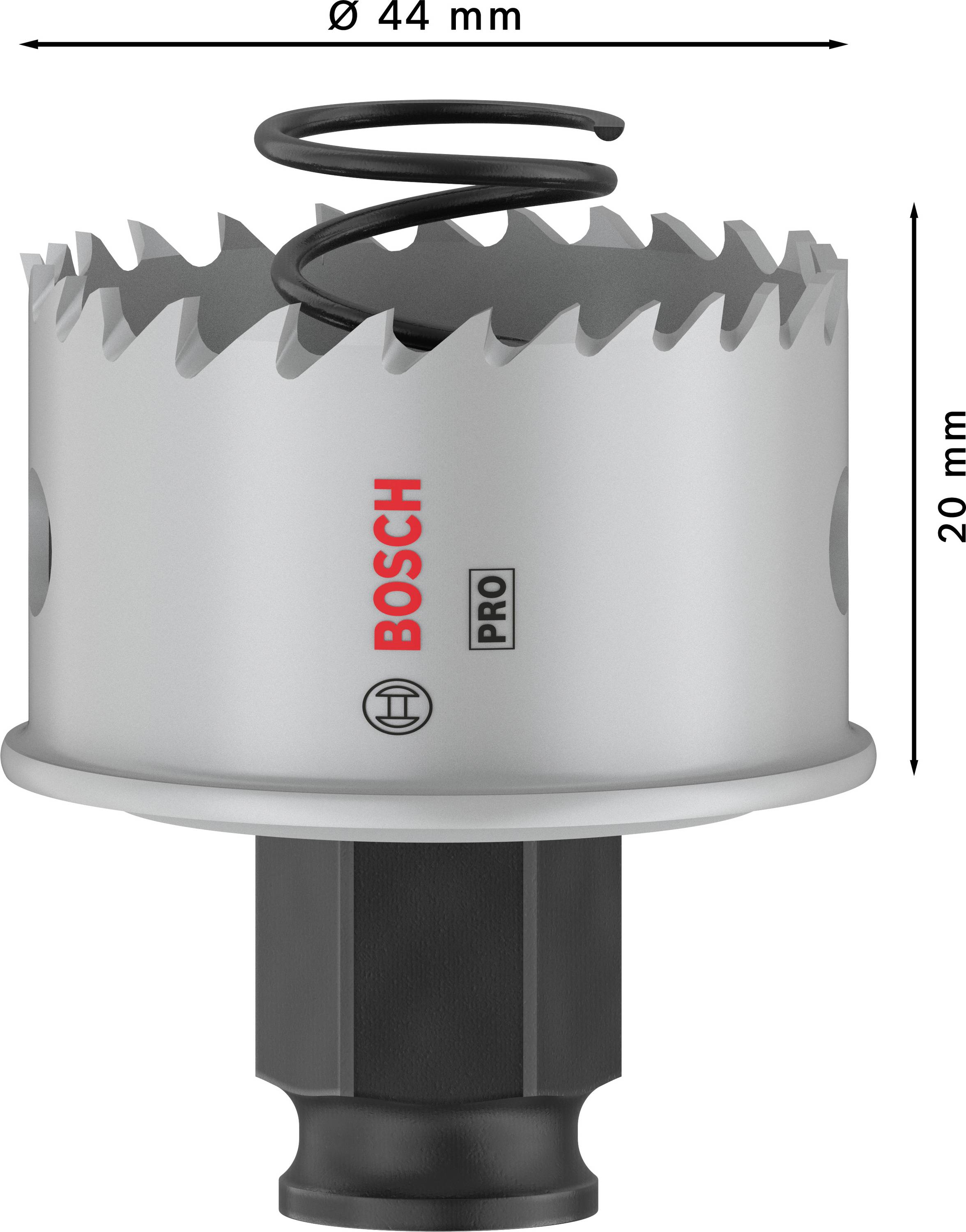 Kreissägeaufsatz von Bosch, Durchmesser 44 mm, Höhe 20 mm, mit Feder oben. Ideal zum Bohren in Holz oder Metall.