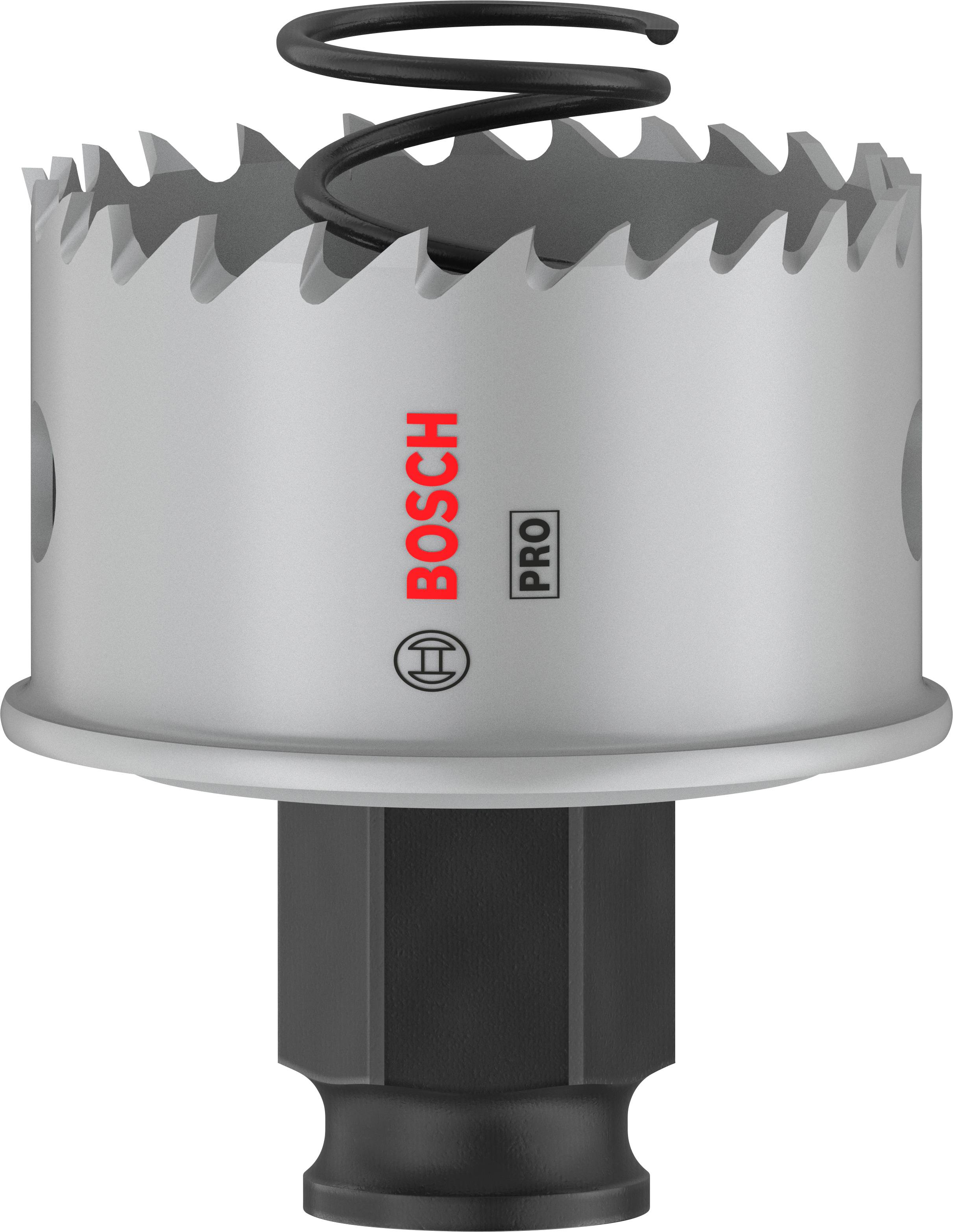 Metall-Bohrkrone von Bosch, silber, mit schwarzem Schaft und integrierter Feder, geeignet für professionelle Handwerksarbeiten.