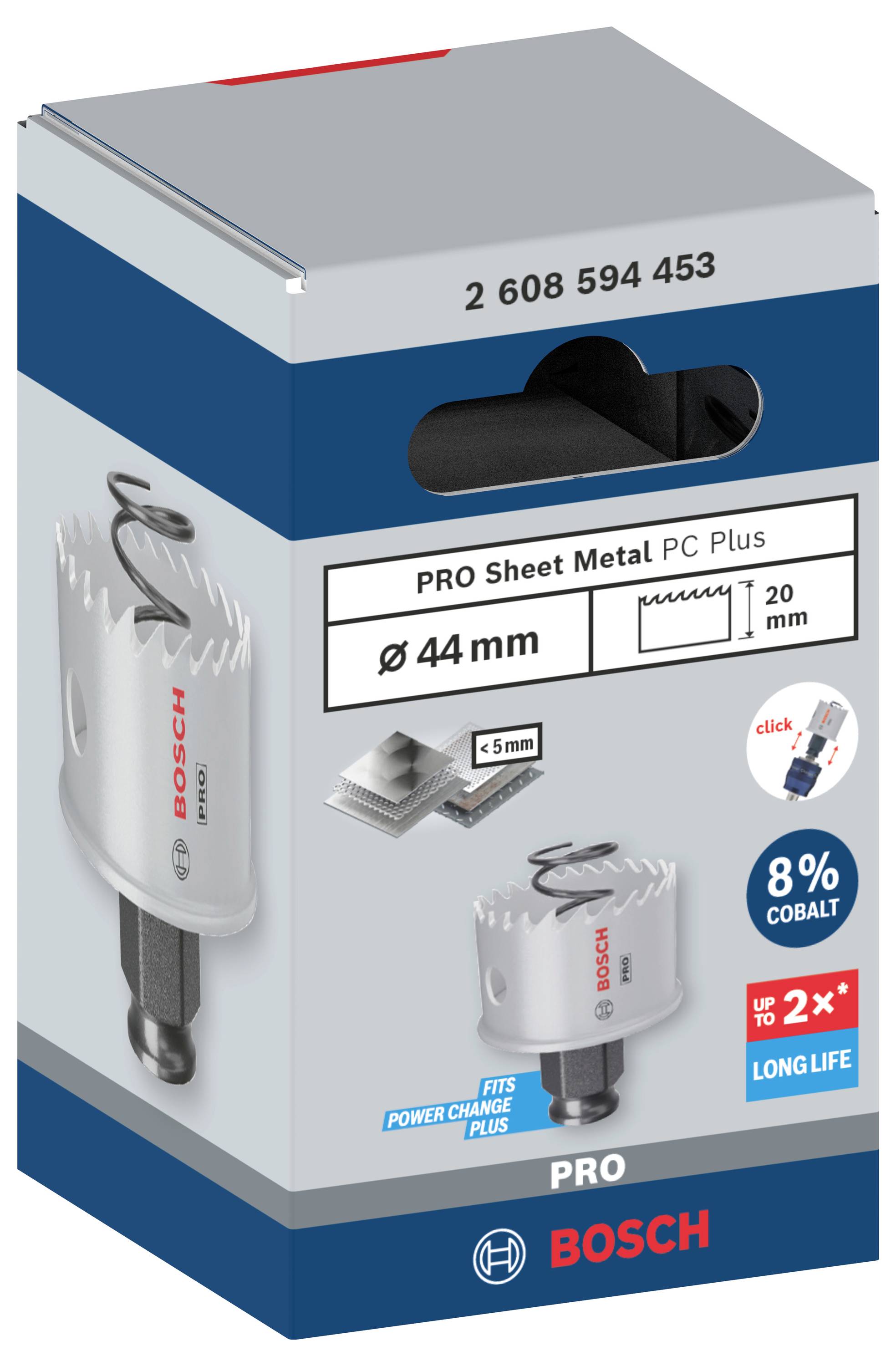 Verpackung der Bosch Pro Lochsäge, 44 mm Durchmesser, geeignet für Blech bis 5 mm, 8 % Kobalt für längere Haltbarkeit.