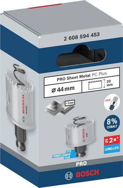 Verpackung einer Bosch Lochsäge mit 44 mm Durchmesser für Metall. Enthält 8% Kobalt für längere Haltbarkeit. Kompatibel mit Power Change Plus.