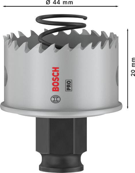 'Bosch' Lochsäge, Ø 44 mm, Tiefe 20 mm, mit Zähnen und Feder, geeignet für professionelle Anwendungen.