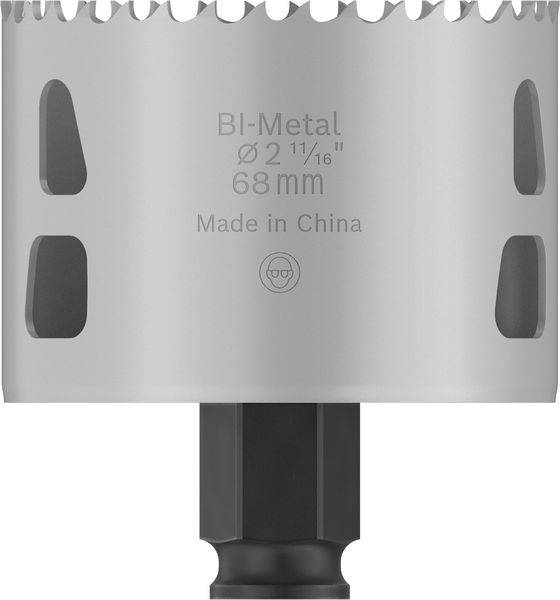 Bohrkrone aus Bi-Metall mit Ø 68 mm und 22/11 Zähnen, 'Made in China' Aufschrift. Geeignet für Bohren in Holz und Metall.