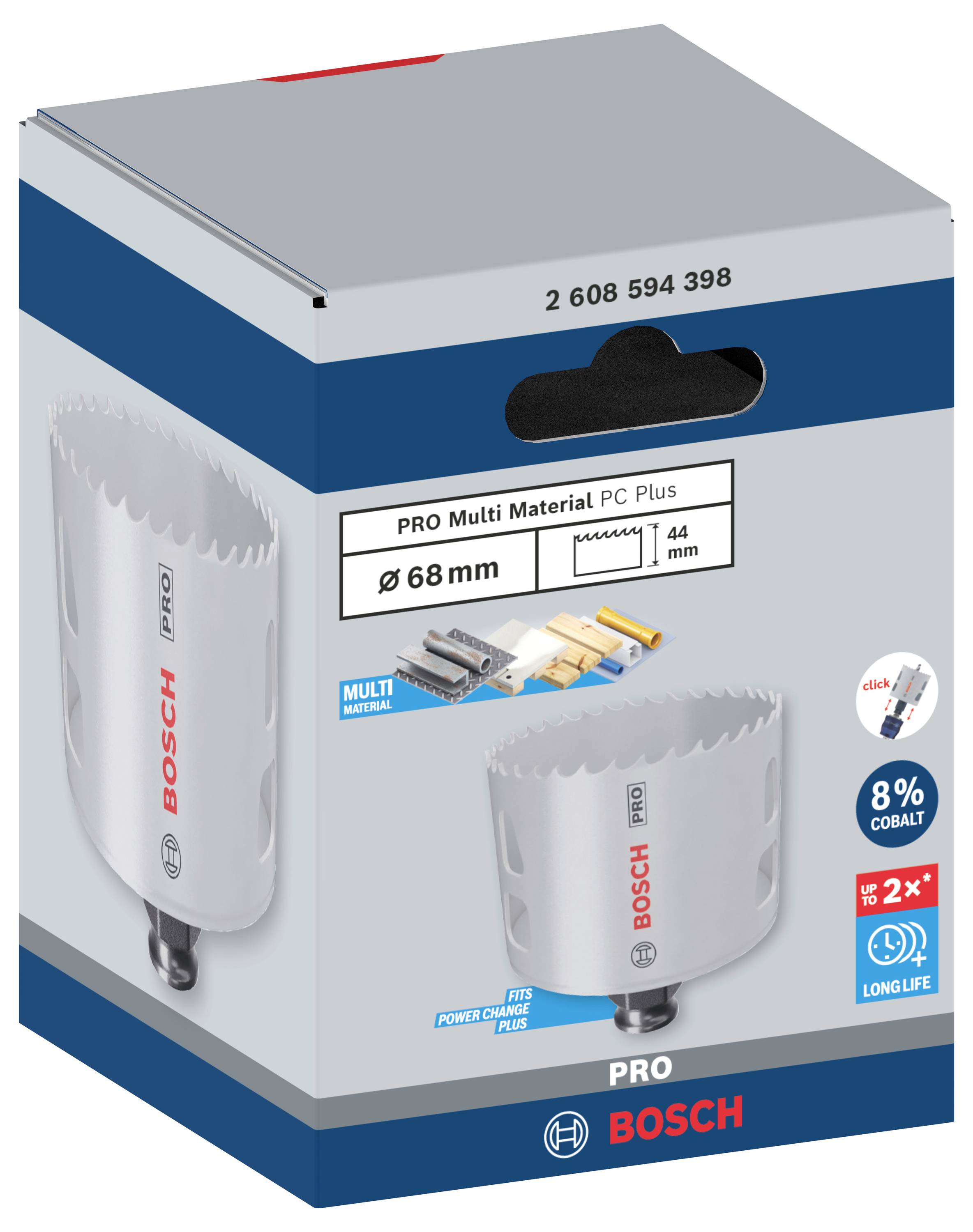 Verpackung einer Bosch Lochsäge, geeignet für Multi-Materialien, Durchmesser 68 mm, mit 8% Kobalt, beworben mit langer Lebensdauer.