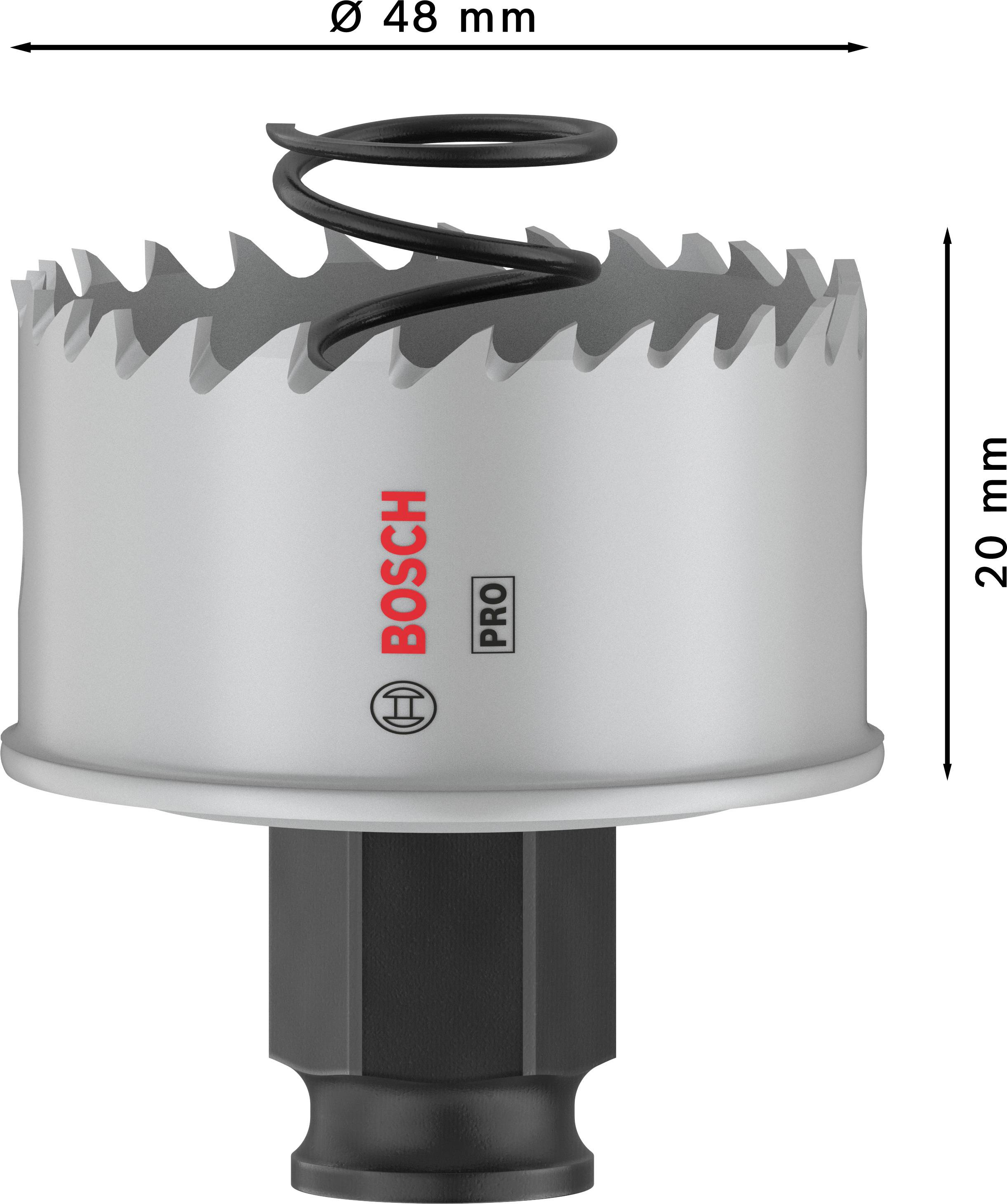 Eine Bosch Lochsäge mit einem Durchmesser von 48 mm und einer Höhe von 20 mm, geeignet für präzises Bohren in verschiedenen Materialien.