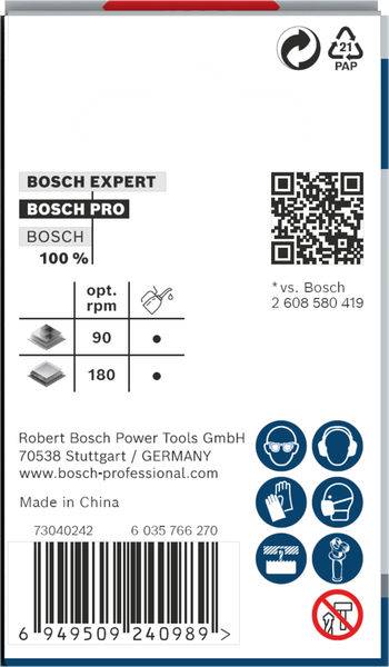 'Bosch Expert Bosch Pro' Etikett mit QR-Code, optimalem Drehmoment von 90, 180 Grad-Symbol, Herstellerinformationen und Sicherheitsikonen.
