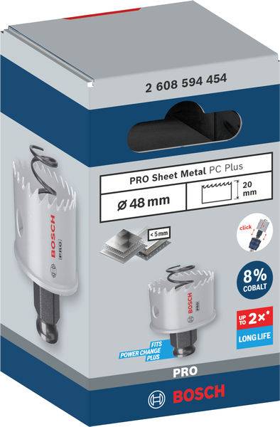 Bohrkrone von Bosch für Metall, Durchmesser 48 mm, 8% Kobalt, geeignet für dünne Metallplatten. Verpackung mit Produktabbildung.