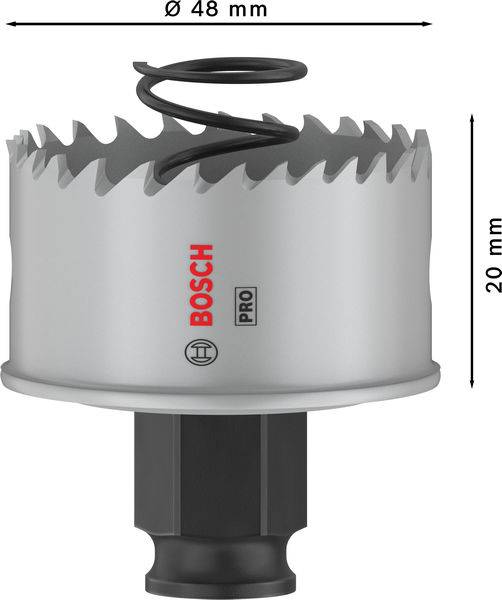 Lochsäge mit 48 mm Durchmesser und 20 mm Tiefe. Spiralbohrer in der Mitte, Marke Bosch, geeignet für präzises Bohren.