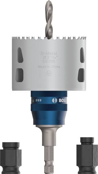 Lochsäge aus Bi-Metall, 68 mm Durchmesser mit festem Bohrer, geeignet für Metall- und Holzarbeiten, abgebildet mit Adapterstücken.