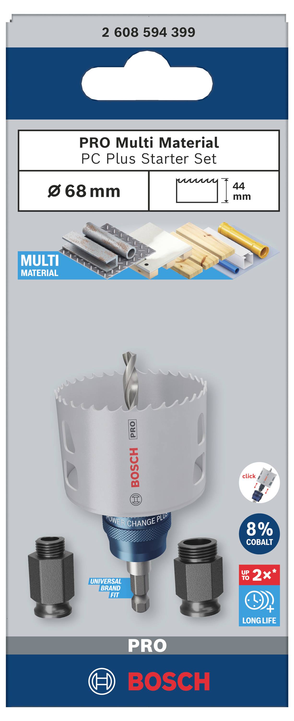 'Bosch PRO Multi Material PC Plus Starter Set' Lochsäge für Durchmesser 68 mm. Enthält 8% Kobalt für längere Lebensdauer.