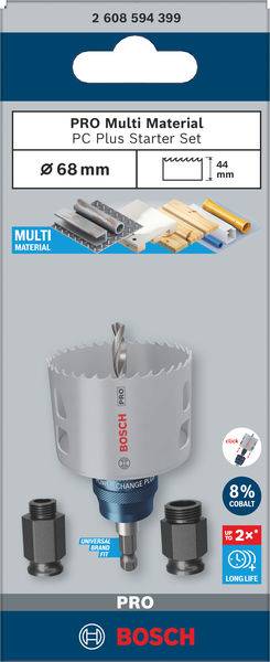 'Bosch PRO Multi Material PC Plus Starter Set'. 68 mm Lochsäge mit Zubehör für verschiedene Materialien.