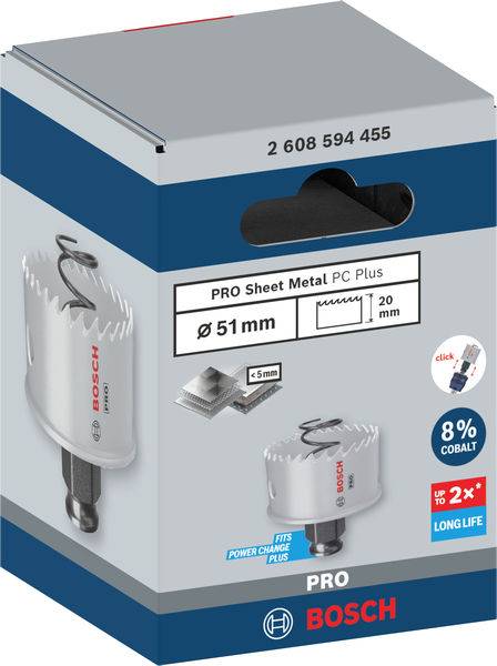 Verpackung einer Bosch Lochsäge für Blech, Durchmesser 51 mm, mit Power Change Plus-System und 8% Kobalt für lange Lebensdauer.