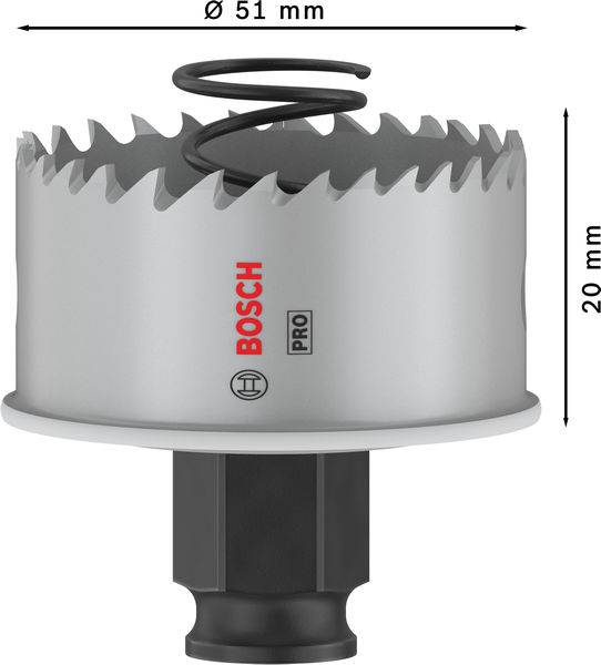 Lochsäge von Bosch mit 51 mm Durchmesser und 20 mm Höhe. Sie hat scharfe Zähne und ist für professionellen Gebrauch geeignet.